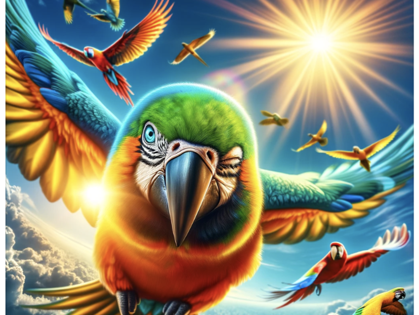 parrot winking and flying close to the sun