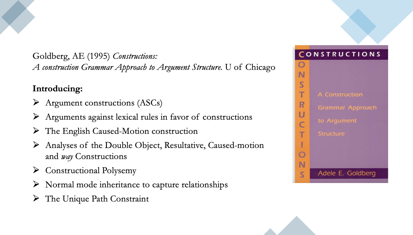 Cover and summary of topics covered in the book "Constructions: A Construction Grammar Approach to Argument Structure"